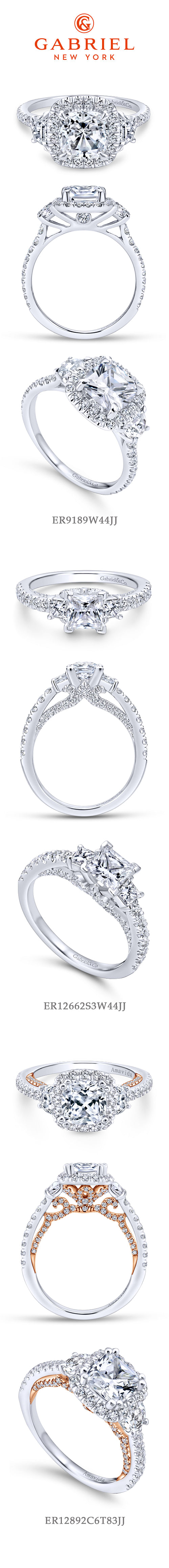 14K White Gold Cushion Three Stone Halo Diamond Engagement Ring angle 